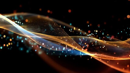 Poster - Abstract glowing waves and colorful particles on dark background, vibrant orange, blue and gold color palette, perfect for technology, science, or futuristic design concepts.