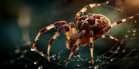 a macro photograph of a dew-covered orb-weaver spider web glistening in the early morning light, with the tiny spider sitting at the center.