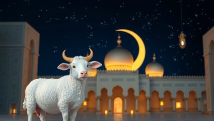  White sacrificial lamb before illuminated mosque at night, Eid al-Adha