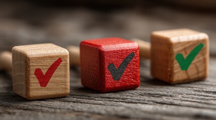 Poster - Three wooden blocks featuring a check mark symbolizing the evaluation of outcomes and assessing differences in results