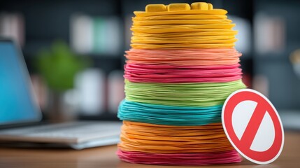 Fototapete - Stack of papers with a laptop in background symbolizing removal of unproductive work for enhanced efficiency
