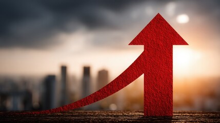 Poster - Red arrow pointing upward towards a city symbolizing the elevation of top priorities and focus on high-value tasks