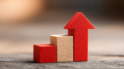 Poster - A red wooden block with a growing arrow illustrating the concept of escalating decisions for positive outcomes
