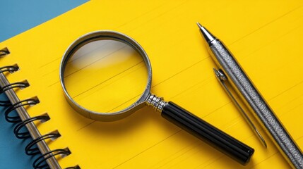 Poster - Pen and magnifying glass together reflecting on outcomes and evaluating value in performance metrics and strategies