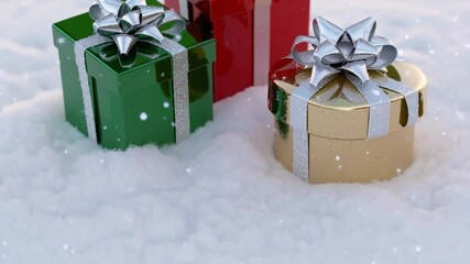 Aufkleber - Festive gift box and present snow, joyful winter holiday celebration with silver bows, festive atmosphere and falling snowflakes