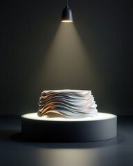Poster - A modern, abstract sculpture with layered, wavy forms is displayed under a spotlight on a circular pedestal in a dark room.