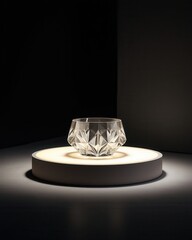 Poster - A faceted glass bowl is showcased on a round, illuminated platform in a dark, minimalist setting.