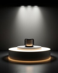 Poster - A sleek, modern product displayed on a lit pedestal under dramatic spotlight in a minimalist, dark setting.
