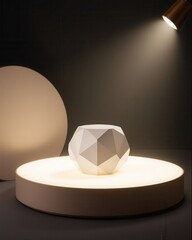 Poster - A geometric white polyhedron is showcased on a glowing circular platform under a spotlight in a minimalist, modern setting.