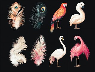 Naklejka na meble Colorful Bird Feathers and Exotic Birds on Dark Background Design