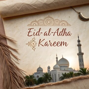 “Eid al-Adha Kareem” on textured parchment with elegant mosque domes in the background
