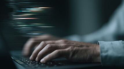 Poster - Coding Hands: A close-up shot of a coder typing with rapid strokes, lines of code emanating from the laptop, showcasing dedication to the work