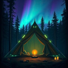 Wall Mural - A camping tent, illuminated by candlelight and the green and purple hues of an aurora.  The forest is dark and mysterious.