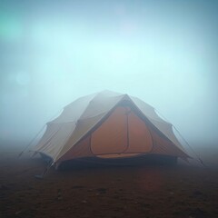 Wall Mural - A camping tent shrouded in thick fog, aurora borealis in the background