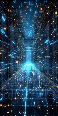 Poster - Futuristic Digital Corridor with Bright Nodes and Glowing Lights