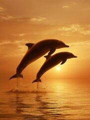 Poster - Two Dolphins Leaping from Ocean at Sunset Dramatic Silhouette Warm Tone Marine Wildlife Aquatic Mammals