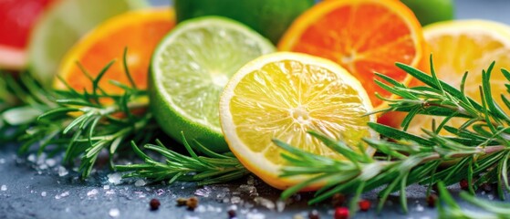 Poster - Citrus Fruit Slices with Rosemary Sprigs Still Life Close Up Food Photography Studio Shot