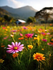 Aufkleber - Vibrant Cosmos Flowers Blooming in Field at Sunset, Close-Up View, Mountain Backdrop, Golden Hour Lighting, Serene Landscape, Thailand