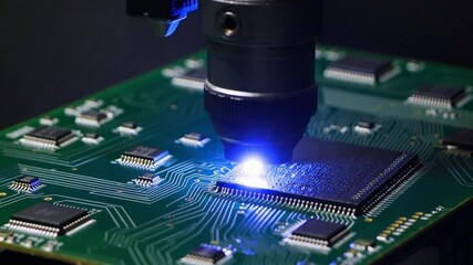 Aufkleber - Precision laser welding microchip circuit board technology electronic closeup green and blue light innovation, high tech