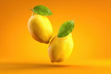 Poster - Two Fresh Lemons Levitate on Vivid Orange Backdrop Studio Shot with Green Leaves for Healthy Lifestyle and Vitamin C Concept