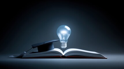 Poster - Conceptual Shot of Open Book with Graduation Cap and Glowing Lightbulb Against Dark Background for Education Success