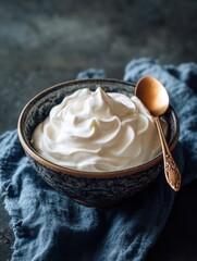 Aufkleber - Creamy yogurt in patterned bowl with spoon on blue linen cloth overhead shot healthy food ingredient breakfast recipe