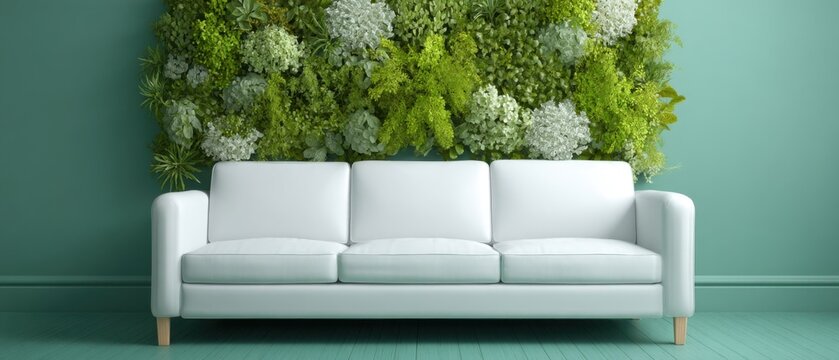 White sofa in front of a living wall in a minimalist interior design setting front view studio shot