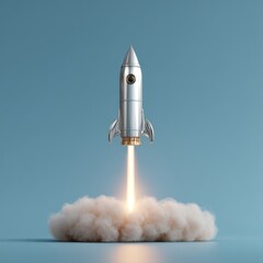 Poster - Retro Rocket Launching Through Cloud on Blue Background; Studio Shot of Spacecraft Taking Off; Concept of Startup and Innovation