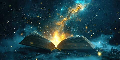 Wall Mural - ethereal book floating slightly above ground with dreamy galaxies pouring out