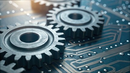 Poster - Close Up of Gears on Circuit Board with Detailed Technology Background