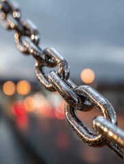 Poster - Macro shot of a metal chain against a blurred city background at dusk showcasing strength and connection in urban landscape