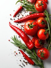Poster - Fresh Red Chili Peppers and Tomatoes with Rosemary and Garlic Still Life Flat Lay on White Background