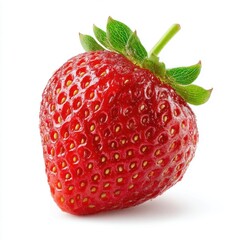 Aufkleber - Studio shot of a fresh ripe strawberry on white background showing vibrant red color and green leaves close up