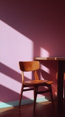 Aufkleber - Wooden chair bathed in sunlight against a pink wall in a minimalist interior design setting with a modern aesthetic