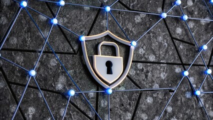 metallic shield with padlock is connected by nodes and wires on textured backdrop