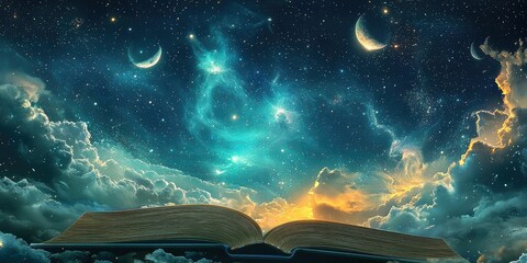 Wall Mural - fantasy illustrated sky full of moons and nebulae rising from book