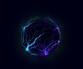 Poster - Glowing electric sphere with blue and violet lightning arcs on dark background. Vector illustration of energy charge for sci-fi design, game interface, or futuristic concept art.

