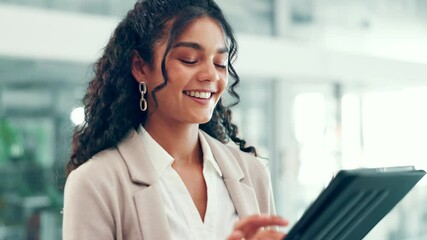 Poster - Business, woman and walking with tablet in office for reading report, account management or typing email. Accountant, happy and digital app for financial forecasting, schedule update or online search