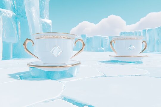 Two elegant teacups, adorned with diamonds, sit on a frozen landscape, beneath a pale sky