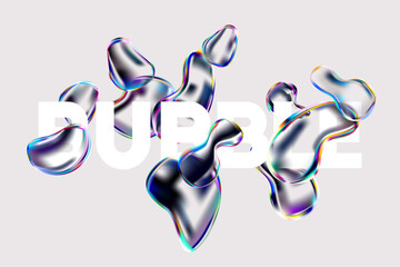 Wall Mural - glass iridescent liquid bubbles on white background. 3d transparent fluid drops.