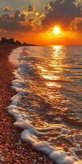 Wall Mural - Serene Sunset Over Pebble Beach with Gentle Ocean Waves