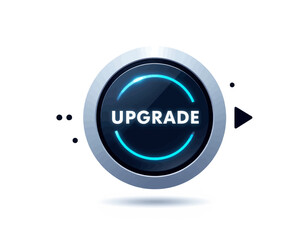 futuristic upgrade button with blue glow in modern setting