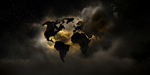 Poster - Enigmatic World Map Surrounded by Dark Clouds and Golden Light
