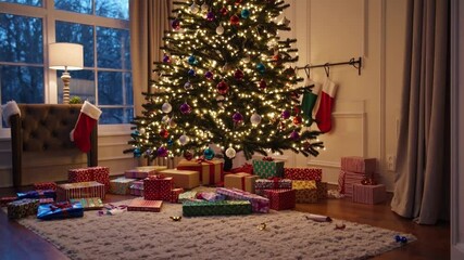 Poster - Christmas tree present gift decoration festive living room holiday cozy evening and morning joyful, light and winter celebration
