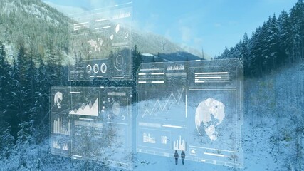 Poster - graphic designer exploring mountain tech data interface, with holographic charts overlaying forest