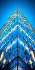 Poster - Modern Skyscraper with Reflective Glass Facade Under Evening Sky
