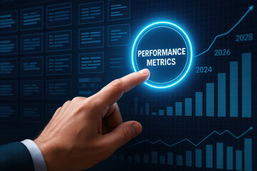 Poster - A hand activates performance metrics on a digital screen symbolizing strategic decision-making and business growth through data-driven insights