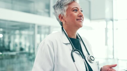 Poster - Doctor, woman and walking with tablet in hospital for treatment research, healthcare news or medical chart review. Medicine, mature person and digital records for telehealth and check online results