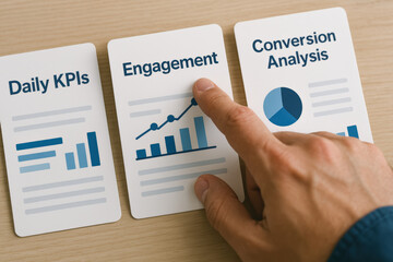 Poster - A business professional’s hand navigates through daily KPI reports featuring engagement growth and conversion analysis highlighting strategic decision making and performance