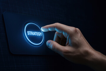 Poster - A confident activates a radiant solid button labeled strategy symbolizing leadership and innovation driving business growth and efficiency
